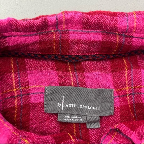 Anthropologie XS Women's Plaid Pink Red Flannel Gauze Shirt Button High Low - Picture 6 of 12